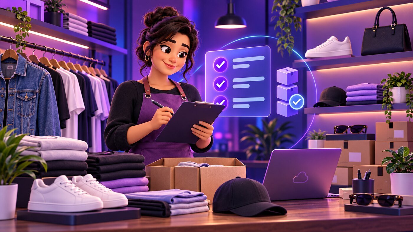Equipo de una tienda organizando prendas, calzado y accesorios
